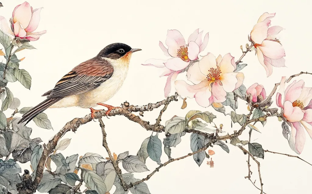 A delicate watercolor painting depicts a small bird perched on a branch adorned with delicate pink blossoms. The bird's brown and grey plumage contrasts beautifully with the soft petals of the flowers. The artwork captures a serene and graceful moment in nature, showcasing the beauty of both flora and fauna. The painting's simple yet elegant style evokes a sense of tranquility and harmony.