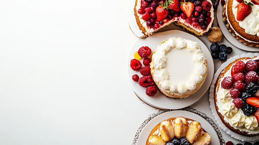A white background with four different cakes decorated with whipped cream and berries. There is a cake with strawberries and raspberries, a cake with a swirl of whipped cream, a cake with a swirl of whipped cream and fruit, and a cake with a swirl of whipped cream, berries, and a single strawberry. The cakes are arranged in a semi-circle on the right side of the image. The cakes are on white plates with some berries around them.  The cakes look delicious and inviting.