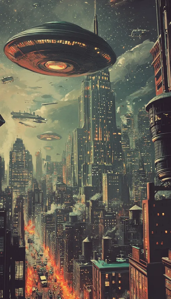 The image depicts a futuristic cityscape with a large, silver, disc-shaped UFO hovering over it. The city is comprised of tall, slender buildings with glowing windows. The UFO casts a shadow over the buildings, while other smaller UFOs fly above. The scene is full of activity, with traffic flowing through the streets below. The sky is a dark blue with a multitude of stars. The overall tone of the image is one of wonder and awe.
