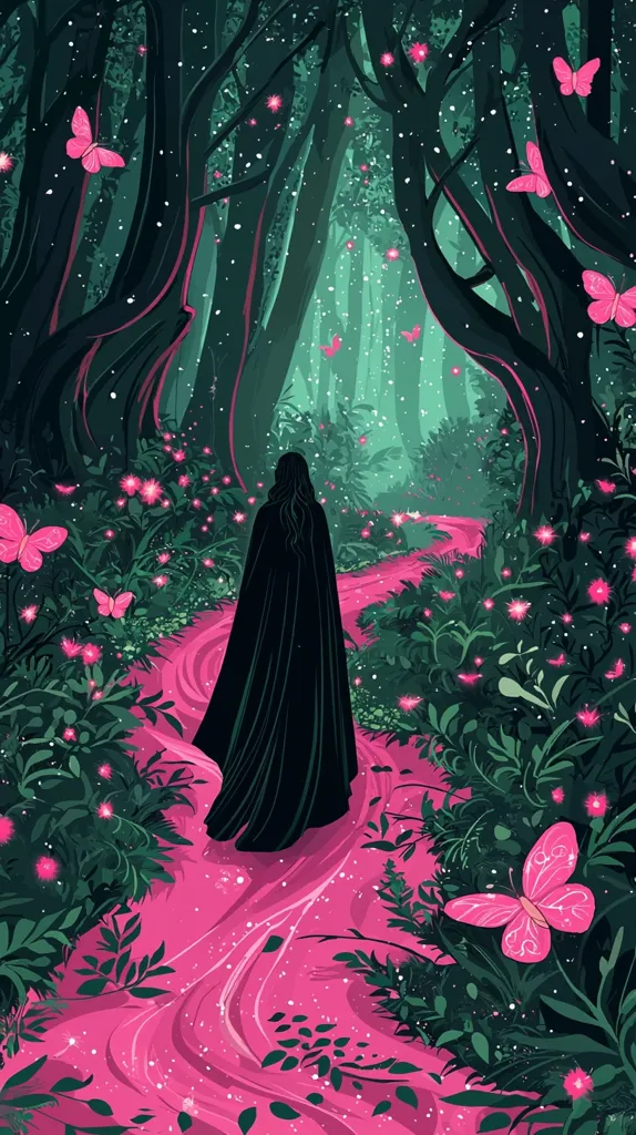 The image depicts a shadowy figure in a black cloak walking along a winding pink path through a lush, green forest. The path is surrounded by vibrant foliage and glowing pink flowers, with delicate pink butterflies fluttering amongst the leaves. The scene evokes a sense of mystery and enchantment, with the figure's destination remaining hidden within the shadowy depths of the forest.