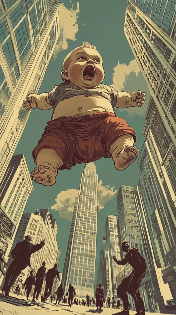 A giant baby with a red diaper is suspended above a city street, looming over tiny, bewildered humans. The baby is looking up at the sky, with a wide-mouthed, open-mouthed expression. The perspective is from the ground looking up, making the baby appear even more enormous. The city buildings seem dwarfed by the baby's presence.  The image has a humorous, surreal quality.
