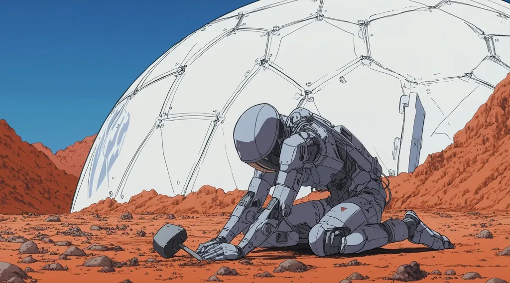 A lone robot in a futuristic space suit kneels on a red, rocky surface, gazing down at a large, metallic hammer. Behind the robot is a large, white geodesic dome, partially obscured by a hill. The sky is a clear blue, suggesting a desolate and barren landscape.