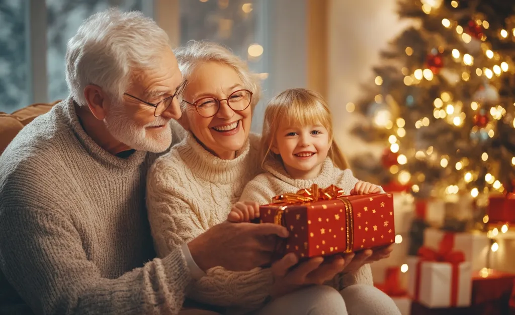 A family of three, an older couple and a young girl, are gathered around a Christmas tree, the girl holding a red and gold wrapped gift in her hands. The adults are smiling and looking at the girl, while the girl is looking up with joy and excitement. The room is warmly lit with Christmas lights.  The image captures a moment of love and happiness during the holiday season.
