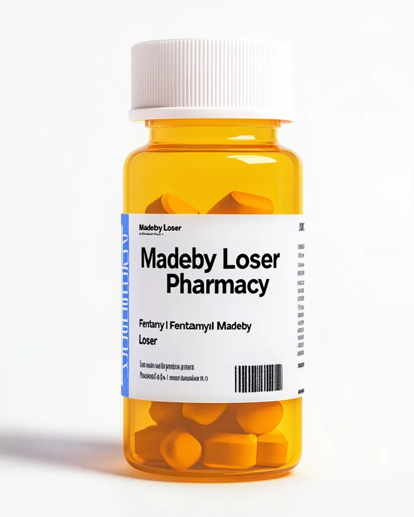 A pill bottle with a white label that reads "Madeby Loser Pharmacy" and "Fentanyl | Fentamyl Madeby Loser." The label also includes a barcode and the words "Madeby Loser" in smaller font. The bottle is filled with orange pills. The bottle is sitting on a white surface.
