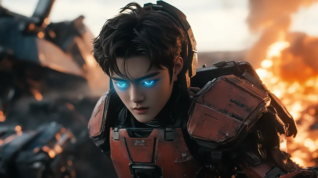 A young man in a futuristic, red and black armored suit stands amidst a fiery battlefield. He has dark hair and piercing blue eyes, giving him a determined look. The suit is heavily damaged, adding to the intensity of the scene. A large, damaged vehicle is visible in the background, further emphasizing the chaos of the situation.  The image evokes a sense of action and danger, capturing the intensity of a futuristic war.