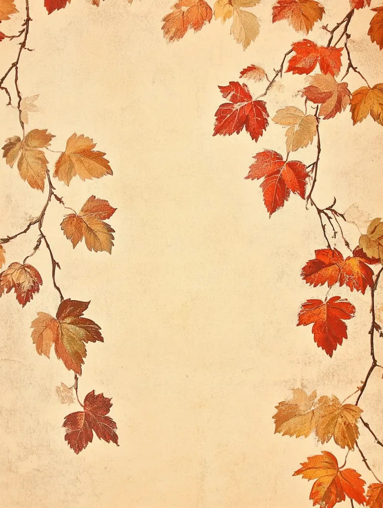 The image depicts a vintage-style background with autumn leaves, primarily in shades of red, orange, and yellow, bordering the edges of a beige canvas. The leaves are arranged in a graceful, flowing pattern, creating a sense of delicate beauty. The overall effect is one of warmth and tranquility, evoking a sense of nostalgia and the changing seasons.
