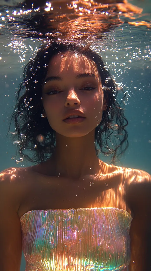 A woman with dark, curly hair is submerged in water. Sunlight shines through the water, creating a halo of light around her head. She wears a shimmering iridescent top and her eyes look directly at the camera. The image evokes a sense of tranquility and ethereal beauty.