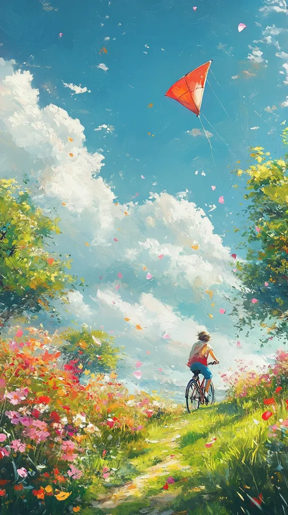 A painting of a person riding a bicycle down a path through a field of flowers. The sky is blue with white clouds and a red kite flying high in the air. The painting has a whimsical and idyllic feel. The vibrant colors and brushstrokes create a sense of joy and peace.