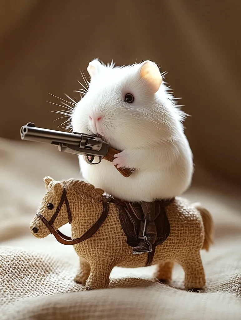 A small, white guinea pig, looking serious, sits astride a toy horse and holds a toy gun.  It is dressed in a miniature brown saddle. The guinea pig's fur is soft and white, and its eyes are dark. The background is a blurry brown.  The image is humorous and whimsical, with a slightly unsettling tone.