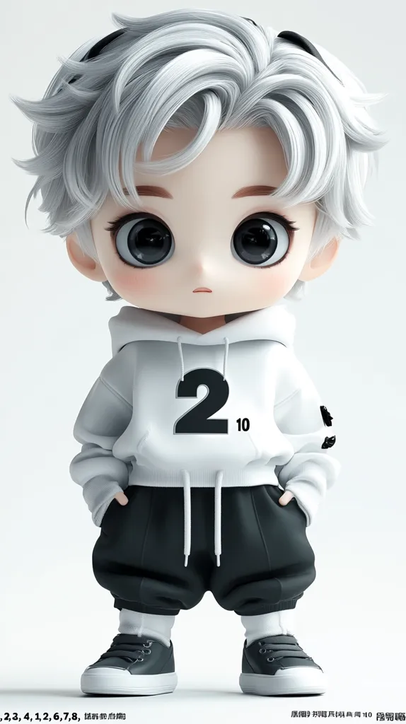 A 3D rendered cartoon of a young boy with silver hair, wearing a white hoodie with a black number two on the front, black pants, and black sneakers. The boy has large, expressive eyes and a slightly melancholic expression. He is standing with his hands in his pockets. The image has a simple background and the boy is the main focus.