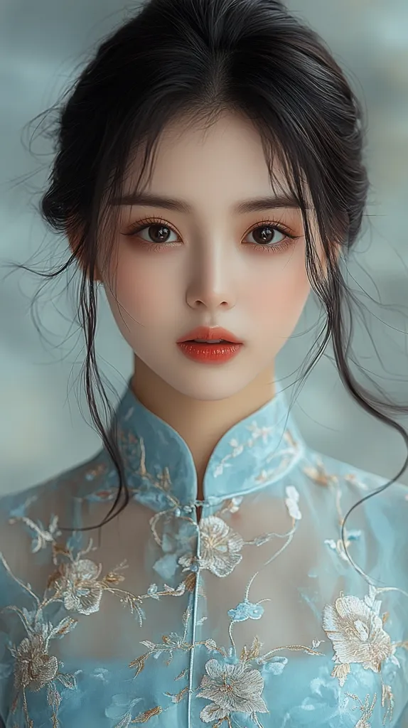 A young woman with long black hair and flawless skin is wearing a delicate, light blue dress with floral embroidery. She has large, expressive eyes and a soft, feminine expression. The background is a soft, muted color, creating a sense of elegance and tranquility.  The overall image is one of beauty and grace.