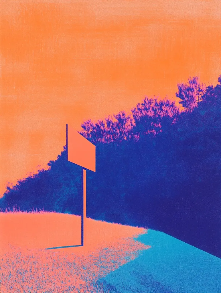 The image is a digital illustration of a minimalist landscape.  A blank signpost stands in the foreground, with a bright orange sky above. Dark blue trees dominate the background, contrasting with the bright orange of the ground.  The image is stylized, with a grainy, pixelated texture, giving it a retro aesthetic.