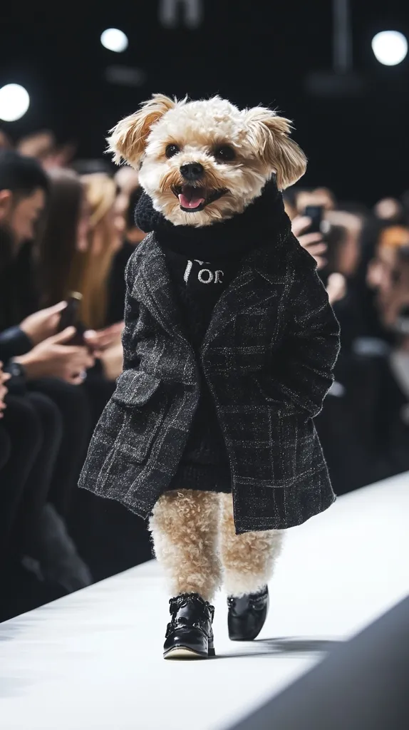 A small dog, dressed in a black and white plaid coat and black shoes, walks down a runway. The dog has fluffy brown fur and is smiling. The background is blurry and filled with spectators. The dog appears to be a Yorkshire Terrier.