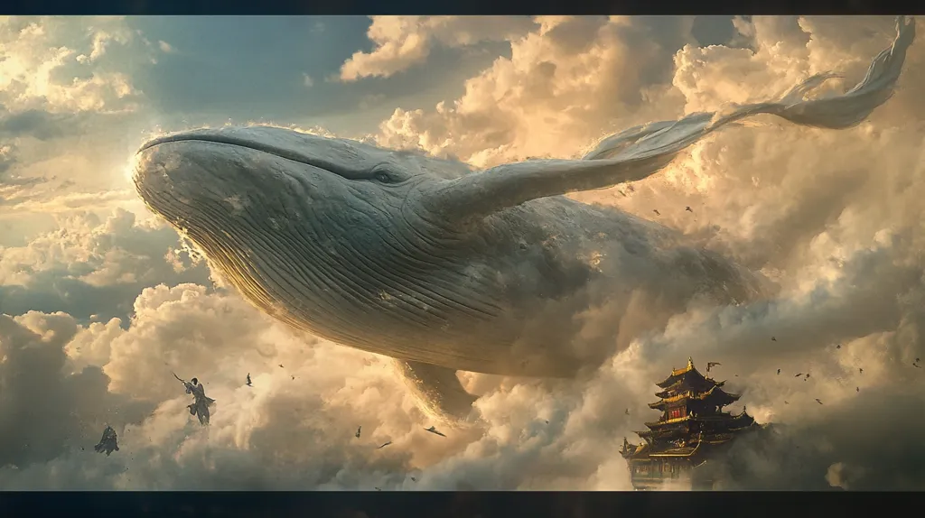 A massive, white whale swims through a sky filled with fluffy clouds. The whale's tail is curved and its body is partially submerged in the clouds, creating a sense of depth. A small, golden pagoda floats in the lower right corner, giving the scene a mythical or fantastical feel. The overall effect is otherworldly and dreamlike.