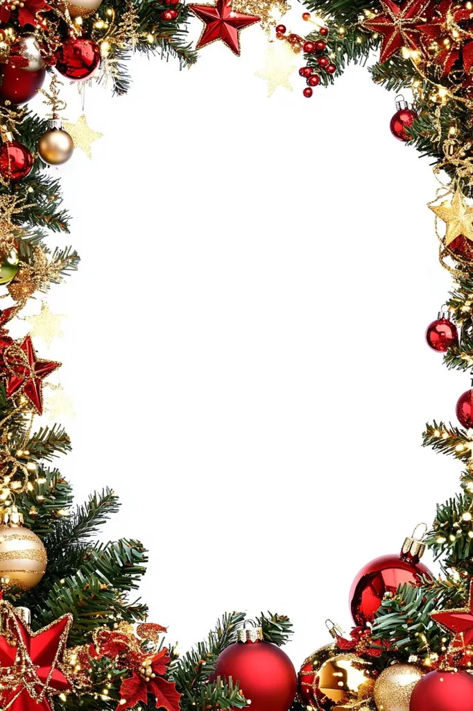 A festive Christmas frame is created with pine branches adorned with red and gold ornaments, sparkling lights, and red stars. The branches are arranged to form a border around a white space, perfect for adding a holiday message or image. The image exudes warmth and cheer, setting the stage for holiday celebrations.