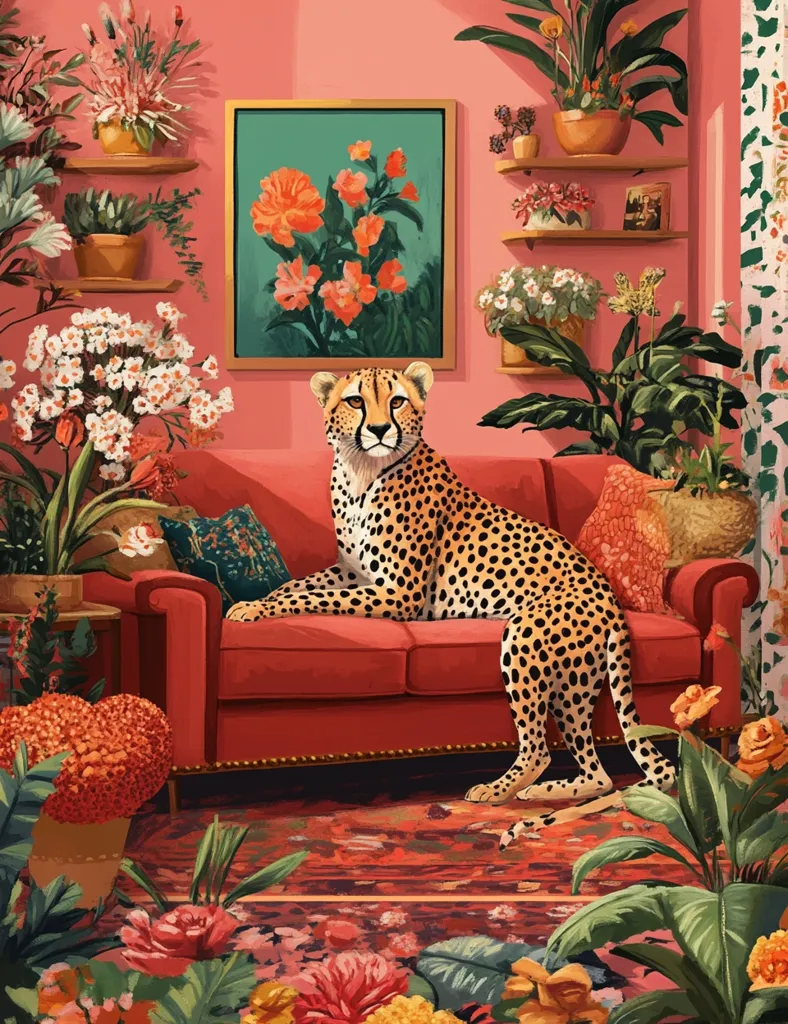 A cheetah lounges on a red velvet couch in a vibrant, floral-filled room. Lush plants and flowers adorn shelves, the floor, and a painting on the wall. The cheetah's spotted coat contrasts with the rich red hues of the room, creating a striking and stylish scene.