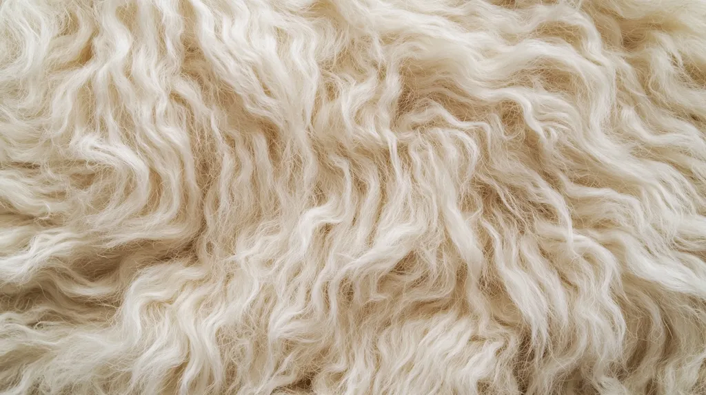 The image shows a close-up of soft, fluffy, white fur. The fur is arranged in a wavy pattern, with some strands appearing to be tangled. The image is likely of a sheep's wool or a faux fur rug, as it is smooth and fluffy. The texture of the fur is very inviting and would be pleasant to touch. The image has a soft focus, adding to the overall fuzzy aesthetic.