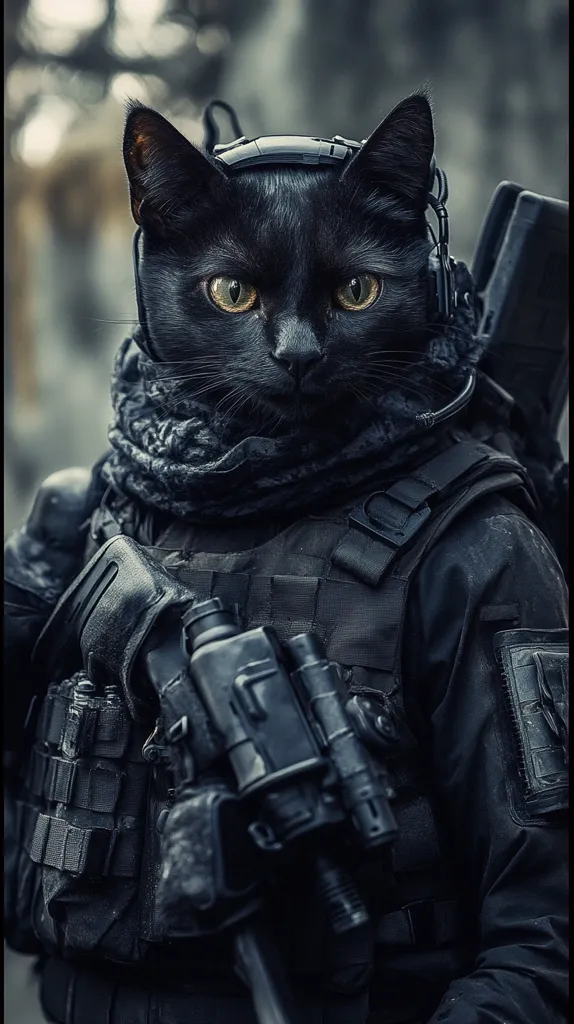 A black cat is dressed in full tactical gear, including a helmet, headset, and a tactical vest with pouches and a rifle. The cat's eyes are wide and alert. The image is dark and moody, giving the impression of a stealthy and dangerous operator. The cat's fierce expression and the military gear create a humorous and surreal contrast.