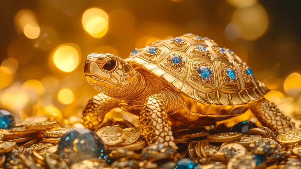 A golden turtle, adorned with blue jewels, sits on a bed of gold coins. The turtle's shell is intricately detailed, with each scale shimmering in the warm light. The background is a blur of golden bokeh, creating a sense of depth and richness. The image conveys a sense of wealth and prosperity, suggesting the turtle as a symbol of good fortune.