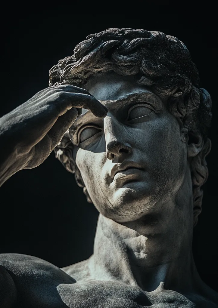 A close-up shot of a marble statue of a man, likely David. His hand is raised to his forehead, casting a shadow over one eye. The details of the statue, from the intricate hair to the subtle lines on his face, are visible. The lighting accentuates the depth and texture of the sculpture, creating a sense of realism and drama. The dark background further emphasizes the subject, highlighting its beauty and artistic craftsmanship.