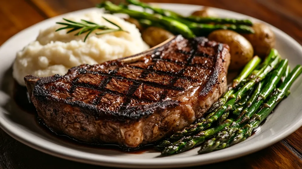 A perfectly cooked steak sits on a bed of mashed potatoes and asparagus on a white plate. The steak has a delicious crust and is surrounded by fresh green asparagus spears. The plate is placed on a wooden table, highlighting the warm tones of the meal. The simple yet elegant plating makes this dish a perfect representation of a satisfying and flavorful meal.