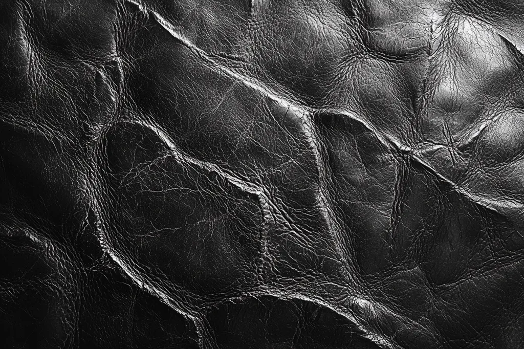 The image shows a close-up of black leather. The texture is wrinkled and has a slightly grainy appearance. The light reflects off the surface, creating a subtle sheen. The dark tones and intricate patterns give the leather a luxurious and sophisticated look.  The image has a minimalist aesthetic, focusing solely on the texture of the leather.