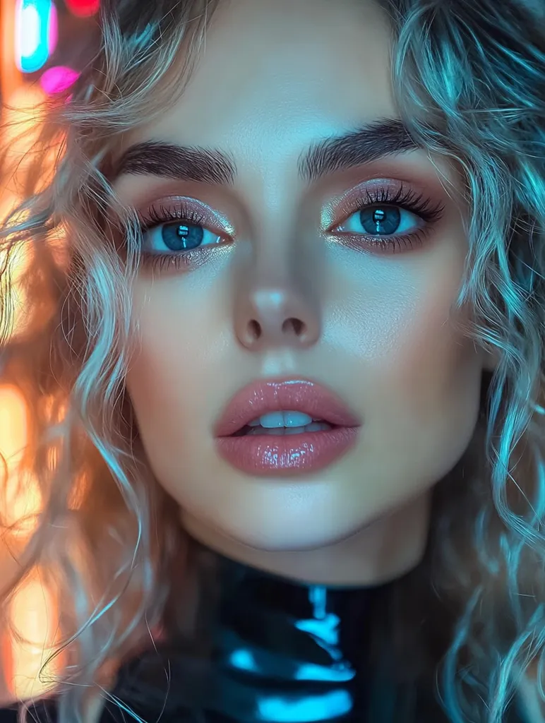 A woman with long, wavy blonde hair looks directly at the camera. She is wearing heavy makeup, including blue eyeshadow and a pink lip. She is wearing a black leather top and a blue light casts a glow on her skin. The background is blurry and out of focus.