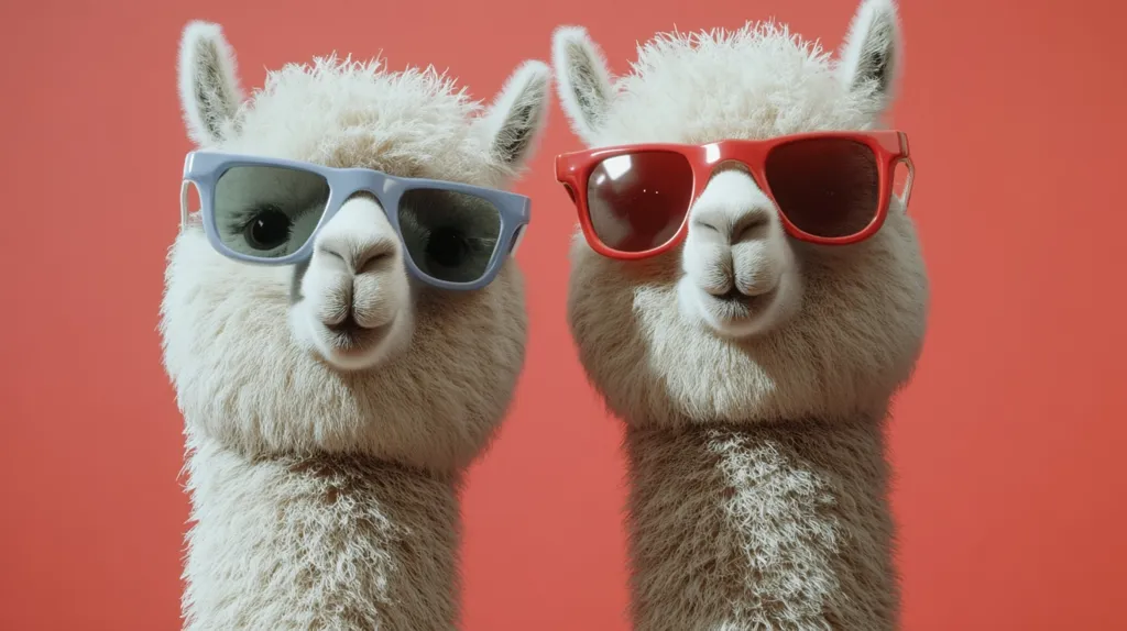 Two alpacas, one with blue sunglasses and one with red sunglasses, are looking directly at the camera. Their fluffy white fur contrasts against the solid red background. They are both smiling, and their expressions are playful and fun.  The image captures a sense of lightheartedness and humor.