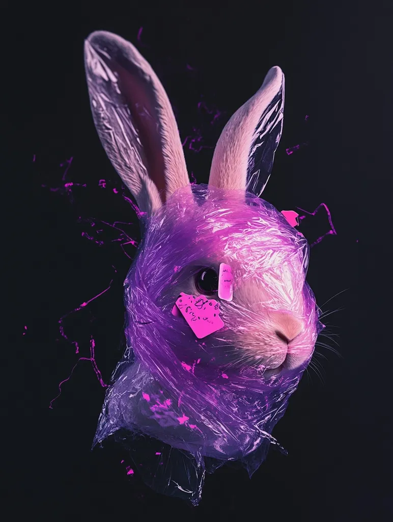 A white rabbit with long ears is wrapped in clear plastic with a pink hue. It is against a black background. The rabbit’s eye is visible and a pink sticky note is stuck to its fur, along with some pink splatter paint. The plastic is crumpled and appears to be suffocating the rabbit.  The image evokes a sense of sadness and vulnerability.