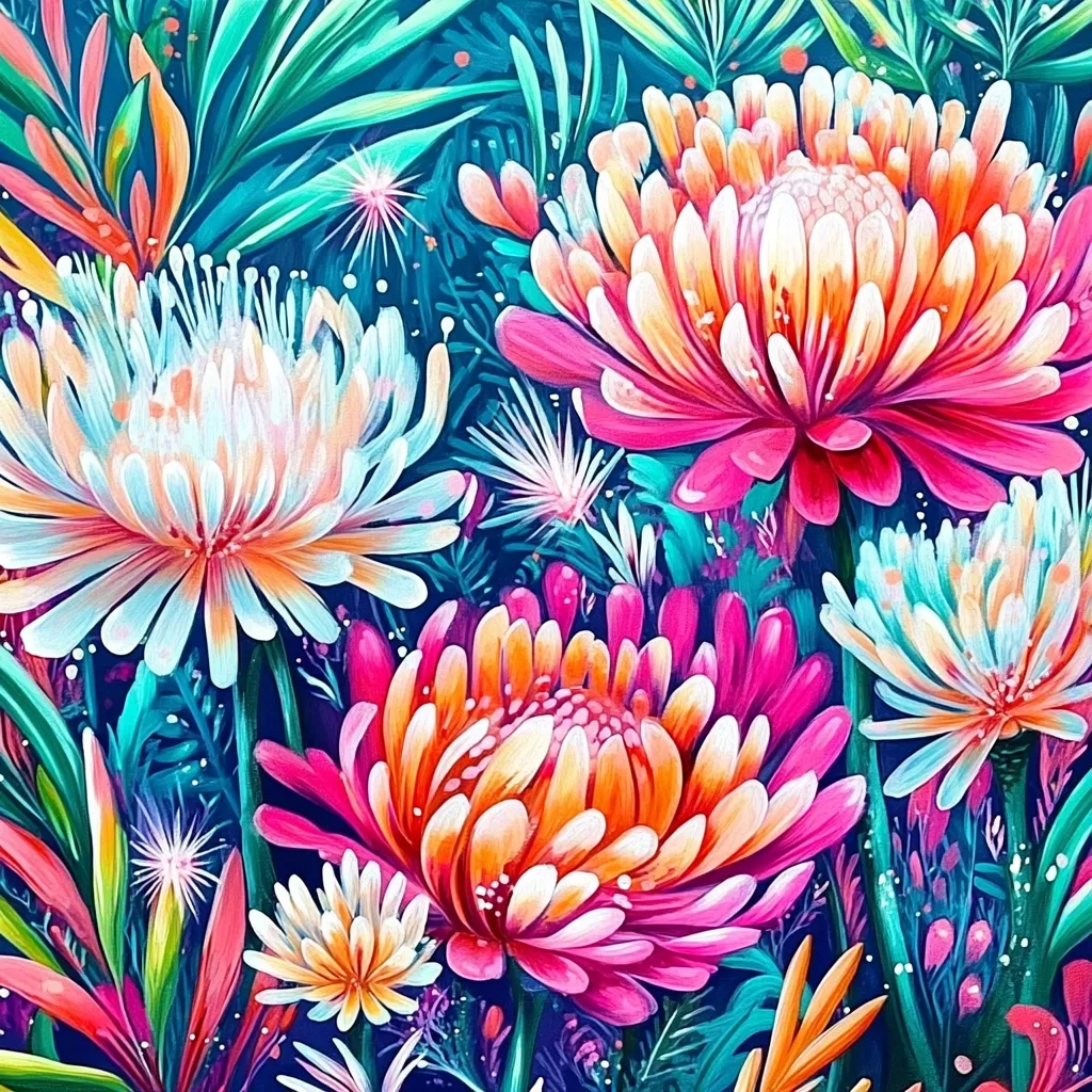 The image is a vibrant painting of a lush garden with flowers in various shades of pink, white, and yellow. The flowers are large and intricate, with many petals. The background is a deep blue with green foliage, adding depth and contrast to the scene. The overall effect is one of energy and vibrancy.