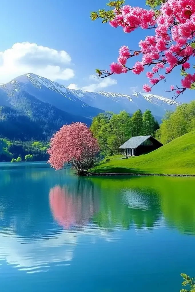 A serene landscape unfolds with a tranquil lake reflecting the sky and surrounding scenery. A small wooden cabin sits nestled on a verdant hillside, shaded by lush trees. A vibrant pink cherry blossom tree graces the foreground, adding a touch of delicate beauty to the scene. In the distance, snow-capped mountains rise majestically against a clear blue sky, creating a breathtaking panorama. The image evokes a sense of tranquility and natural wonder.