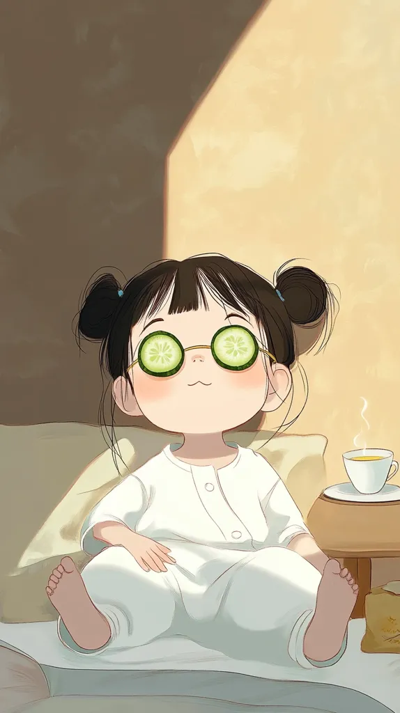 A cartoon girl with her hair in two buns is wearing cucumber slices over her eyes. She is sitting on a bed with her feet tucked under her. She has a white onesie on and is smiling. A cup of tea is on a table next to her. The scene is relaxed and peaceful.