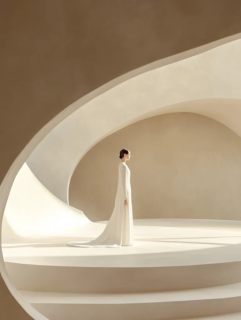 A woman in a flowing white gown stands in a minimalist, white and beige architectural space. The curved walls create a sense of depth and seclusion, while the soft light bathes the scene in a serene and ethereal glow. The woman's elegant form and the clean lines of the architecture evoke a sense of peace and tranquility.