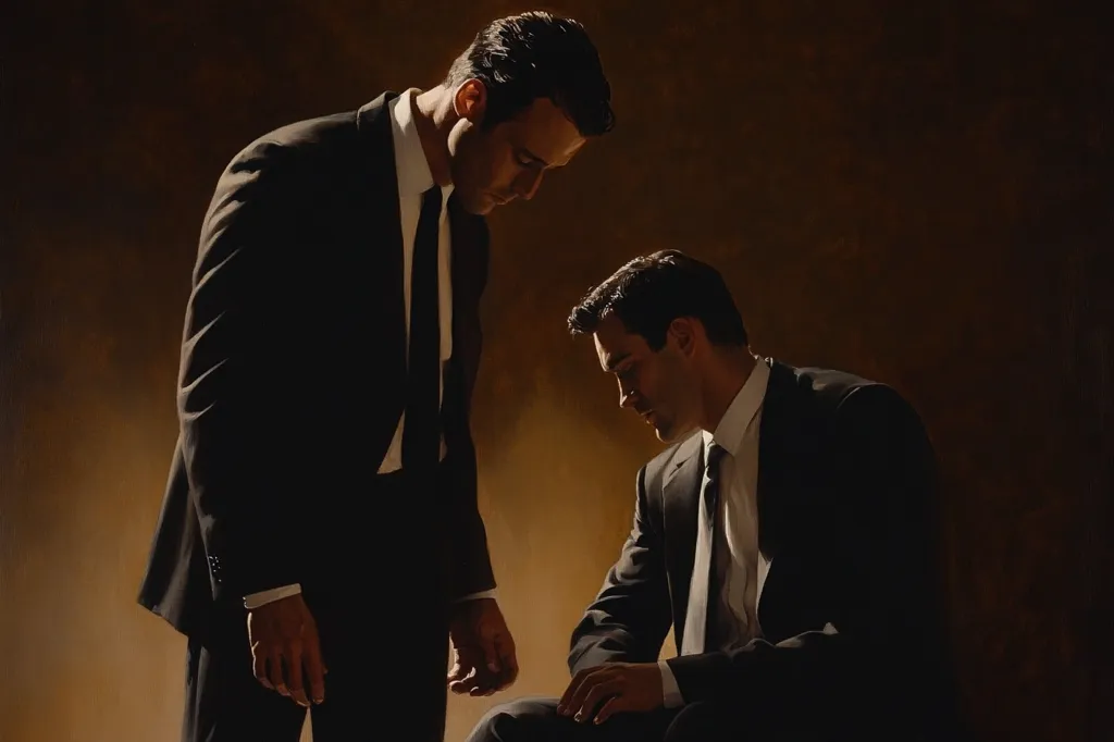 Two men in suits are standing in a dimly lit room. The man on the left is looking down at the man on the right, who is seated and has his head bowed. The scene is somber and mysterious, suggesting a tense or emotional moment between the two individuals. The dark lighting adds to the atmosphere of secrecy and intrigue.  The men's expressions are obscured by shadows, adding to the mystery of the situation.