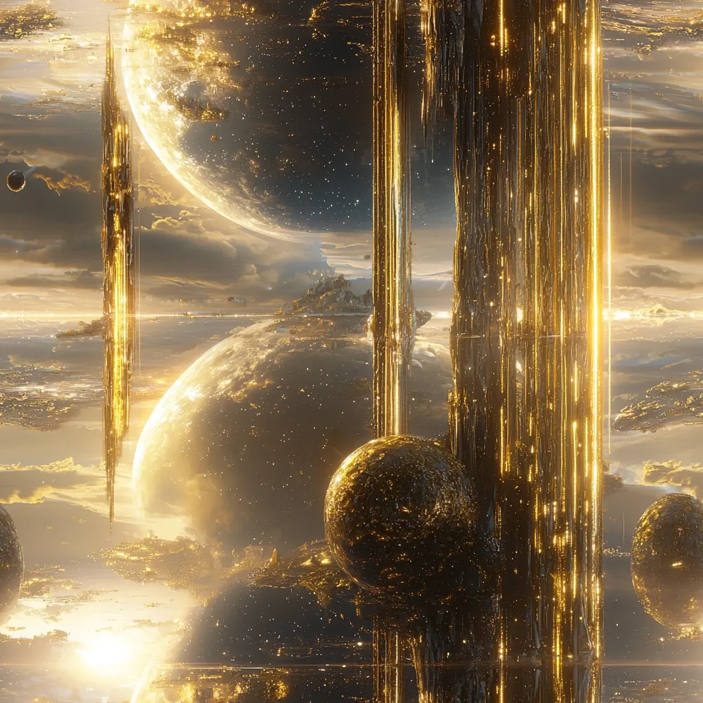 The image depicts a futuristic cityscape with towering golden structures reaching towards the clouds. The sky is a vibrant mix of gold and orange hues, with a distant planet and multiple moons visible. The city is illuminated by a soft, ethereal light, creating a sense of wonder and mystery. The structures appear to be made of shimmering, metallic materials, reflecting the surrounding light. The overall composition creates a sense of grandeur and awe, suggesting a technologically advanced society that has mastered the art of architecture and design.