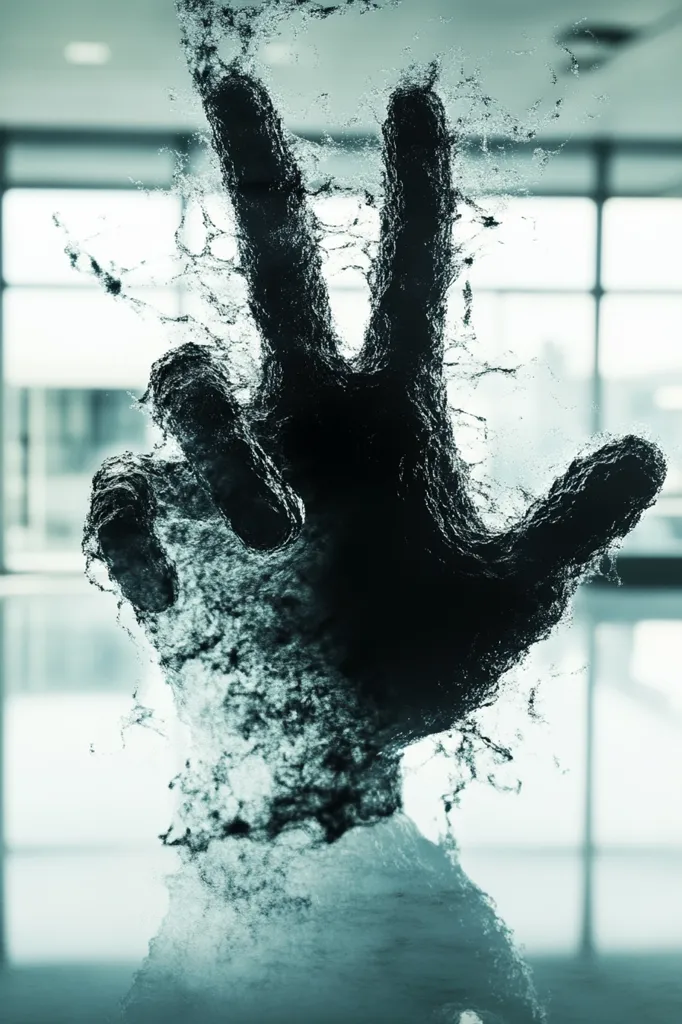 A shadowy hand, seemingly made of water, presses against a glass surface. The hand is reaching out from a dark, undefined space, with its three fingers outstretched. The background is blurred, creating a sense of mystery and unease. The image evokes a feeling of a trapped entity or an unseen force.