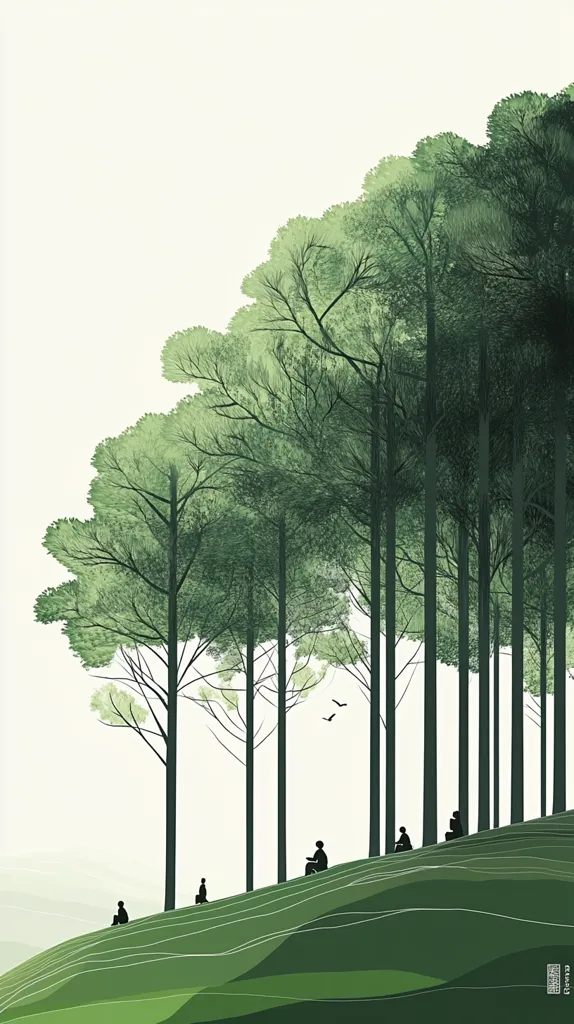 A minimalist illustration depicting a lush green forest with a row of tall, slender trees. The foliage is detailed with light green hues, adding a sense of depth.  A gentle slope descends from the forest edge, leading to a grassy field with subtle lines. Four figures are silhouetted on the slope, suggesting a peaceful and tranquil atmosphere. The overall aesthetic evokes a serene and natural setting.