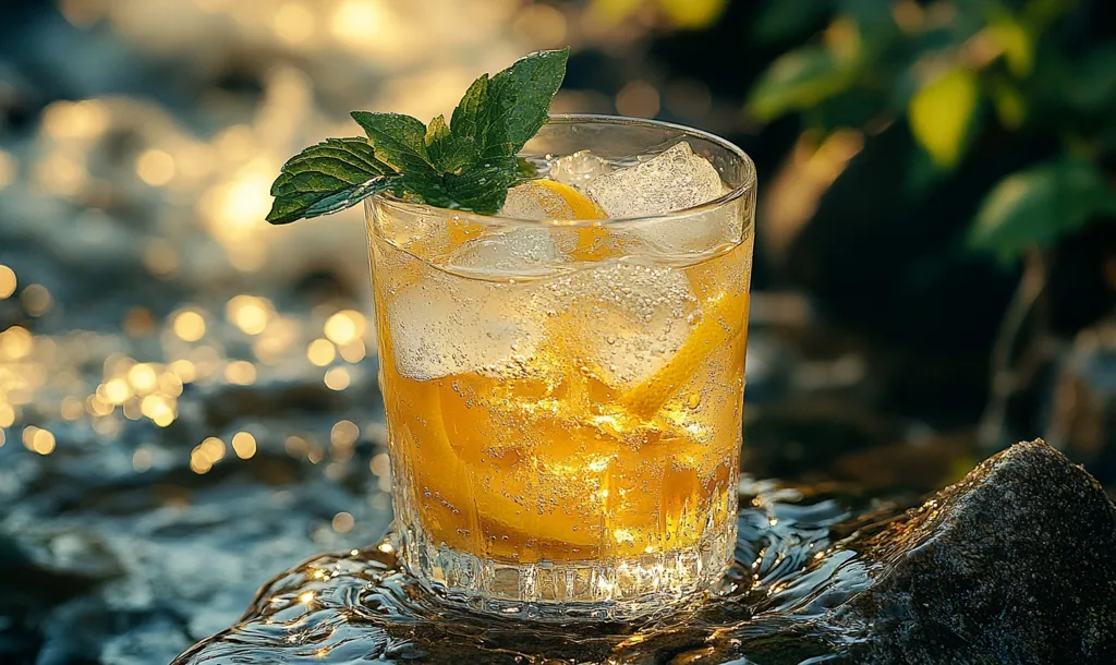 A refreshing drink with ice and lemon wedges sits on a rock surrounded by water. A sprig of mint adds a touch of green. The drink is illuminated by the warm glow of the setting sun. The water is sparkling and reflecting the light.