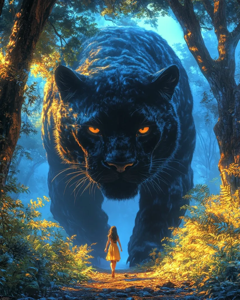 A young woman in a yellow dress walks towards a towering black panther in a mystical forest. The panther's large, intimidating figure fills the frame, its glowing yellow eyes fixed on the woman. The scene is bathed in a soft, ethereal light, creating an atmosphere of both wonder and trepidation. The woman's smallness emphasizes the panther's immense size, highlighting the power dynamic between the two.  The lush foliage and mist create an enchanting backdrop for this enigmatic encounter.