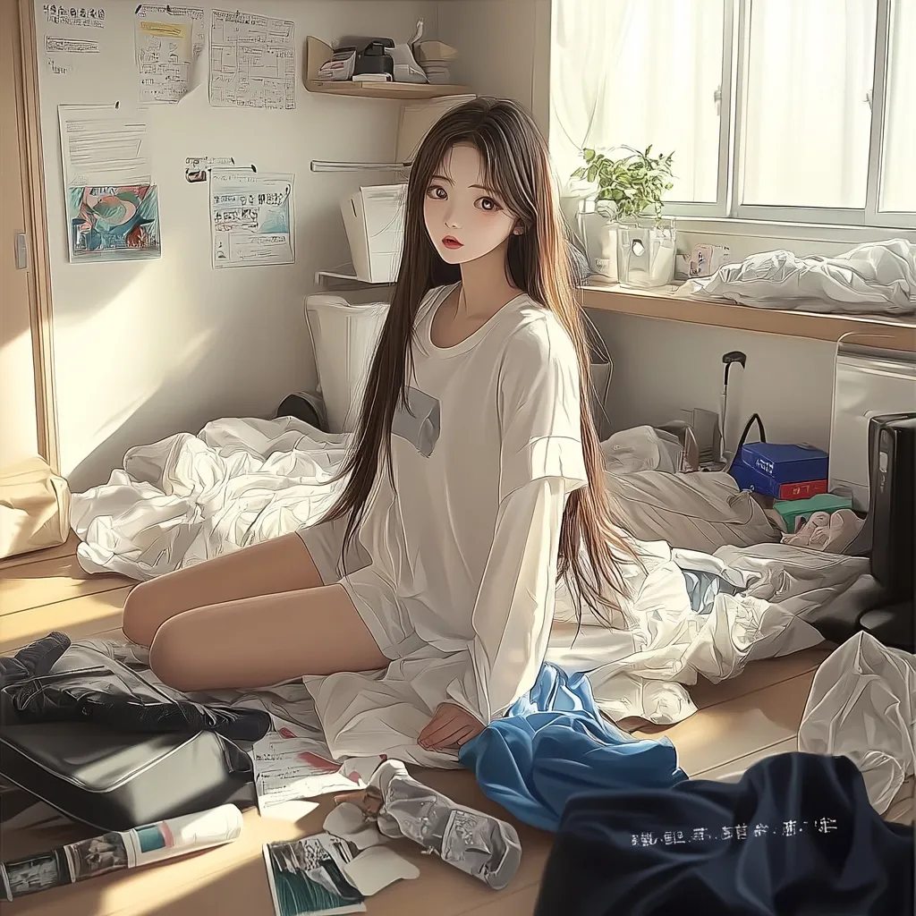 An anime-style girl with long brown hair and large eyes sits on a bed, wearing a white shirt and looking at the viewer. The room is messy with white blankets, discarded clothes, magazines, and other items. Sunlight streams in through a window, illuminating the scene. The room appears to be a bedroom.