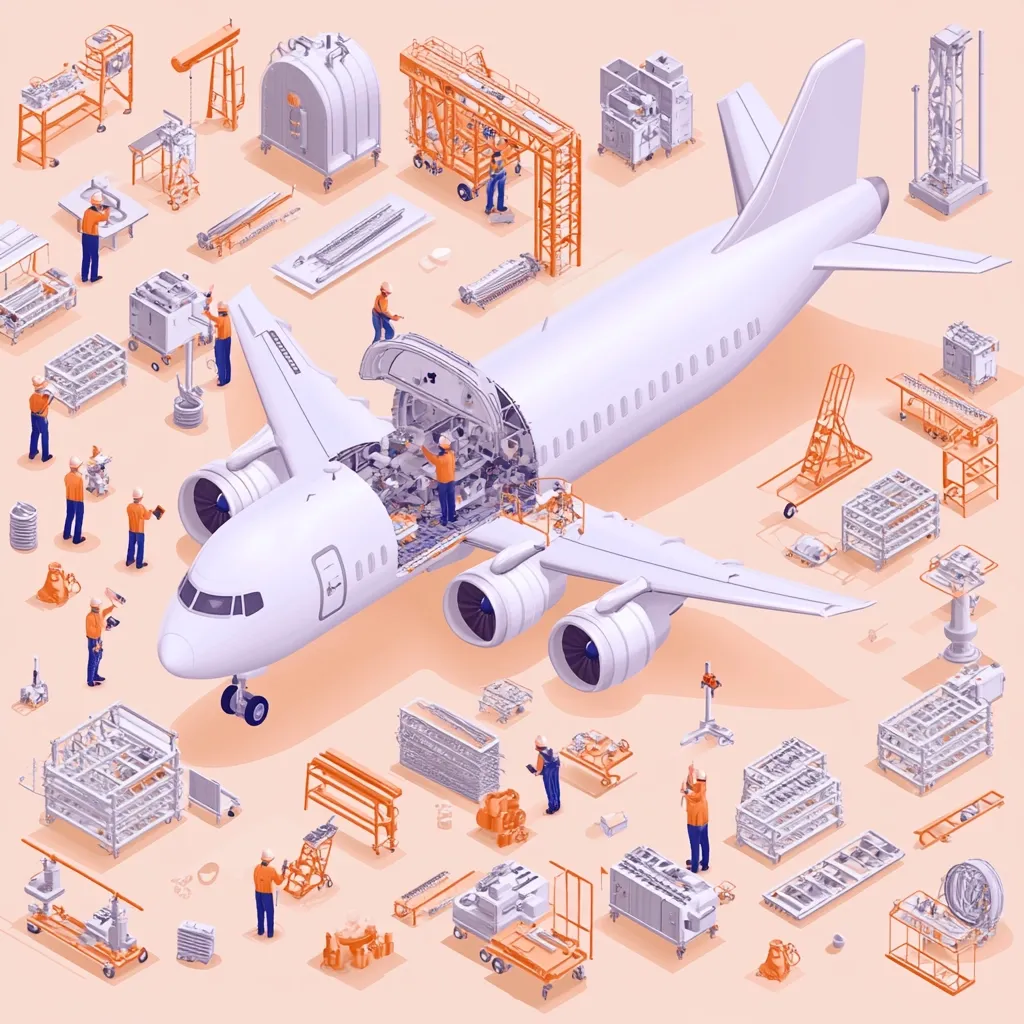 A white airplane is being worked on by many workers. The plane is open and you can see the inside of the fuselage. The workers are using a variety of tools and equipment to make repairs. There are many spare parts and tools scattered around the plane. The scene is an isometric view, with the plane and the workers depicted in a three-dimensional style.