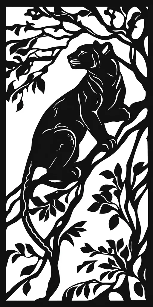The image is a black and white silhouette of a panther sitting in a tree. The panther is facing the right side of the image and has a long, flowing tail. The tree is thick with branches and leaves. The image is done in a simple, stylized way and has a very artistic feel.