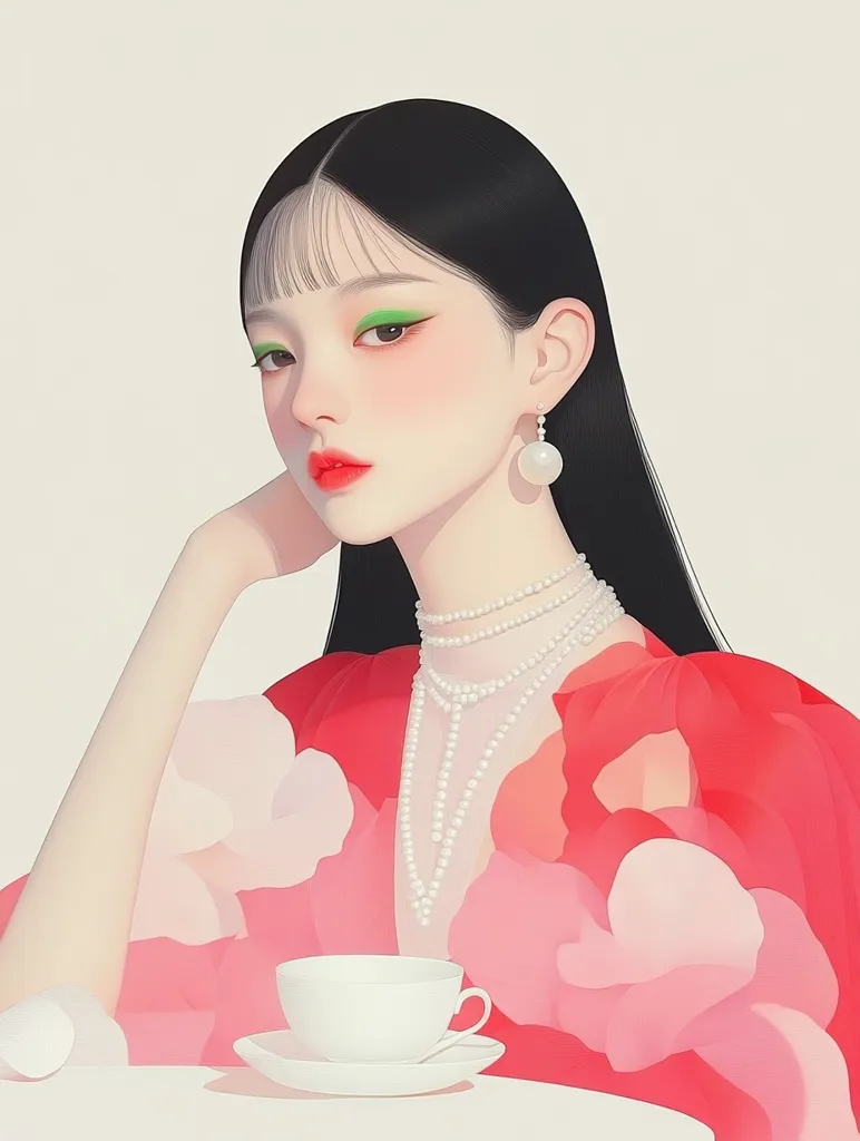 The image depicts a young woman with long black hair, wearing a bright red blouse with floral patterns. She is adorned with a pearl necklace and earrings. Her face is accentuated by bright red lipstick and green eyeshadow, creating a striking contrast against her pale skin. She rests her chin on her hand, gazing at the viewer with a serene expression. A white teacup sits on a saucer before her. The soft lighting and pastel tones create a delicate and feminine atmosphere.