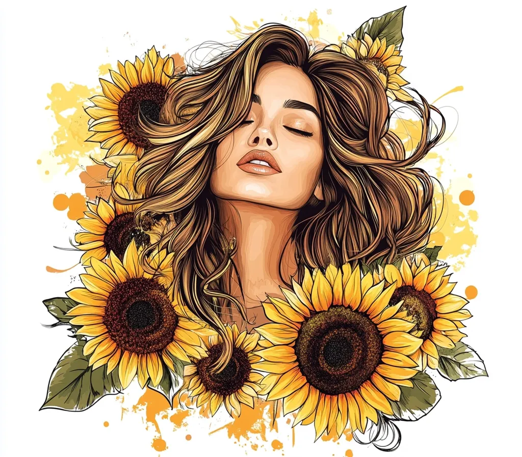 A beautiful woman with long, flowing brown hair and closed eyes is surrounded by sunflowers. The image is drawn in a stylized, almost cartoonish manner, with bold lines and vibrant colors. The background is a white canvas with a light yellow splatter effect, creating a sense of warmth and summery joy.  The woman's serene expression and the bright sunflowers evoke a feeling of peace and tranquility.
