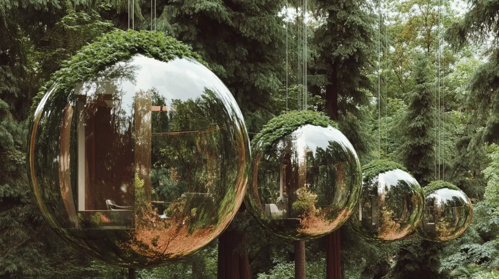 Four large, reflective spheres hang suspended in a forest. Each sphere is encased in a web of vines and greenery, blending seamlessly with the surrounding trees. The spheres reflect the lush foliage and dappled sunlight, creating a sense of tranquility and mystery. The image evokes a surreal and enchanting atmosphere, hinting at a unique and captivating experience within the heart of nature.