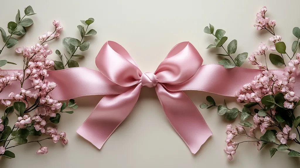 A large pink satin bow is the focal point of this image, its loops extending from the center and its ribbon flowing outward. It is surrounded by delicate sprigs of pink flowers and green foliage, creating a feminine and elegant composition. The background is a soft, off-white, providing a simple and elegant backdrop for the delicate details.  The overall effect is one of beauty and sophistication.