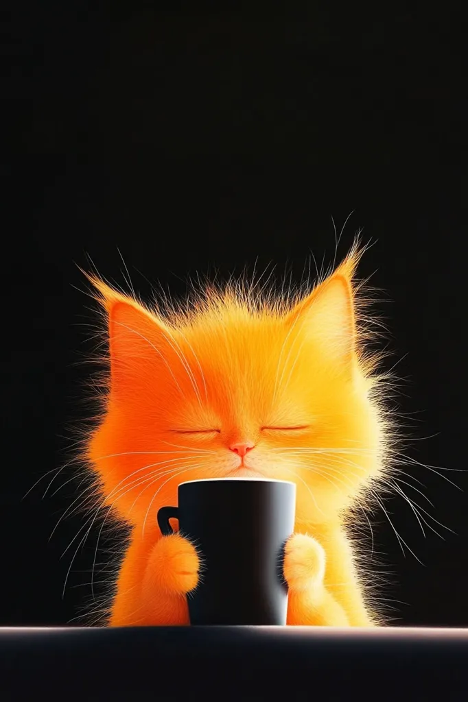 A fluffy orange cat with its eyes closed sits in front of a black coffee mug. The cat appears to be enjoying the coffee as it holds the mug with both paws. The background is a dark black, highlighting the cat's bright orange fur. The image creates a sense of warmth and contentment.