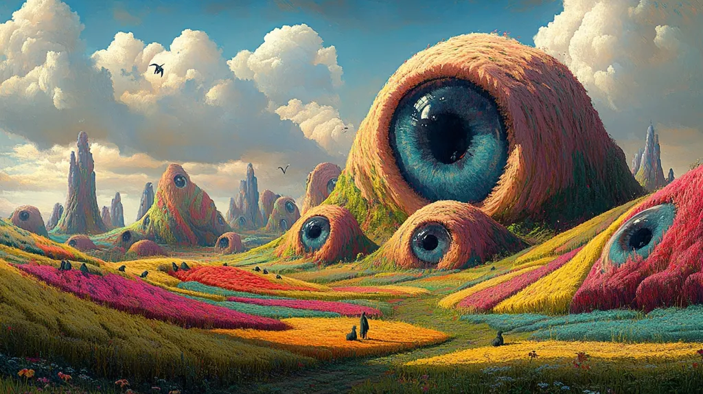 A surreal landscape with large, fuzzy hills resembling eyes. The hills are covered in a variety of vibrant colors, and the sky is filled with fluffy white clouds. The scene is almost dreamlike in its strange beauty. In the foreground, two figures walk along a path through the colorful fields. The image is full of detail and texture, and it creates a sense of wonder and mystery.