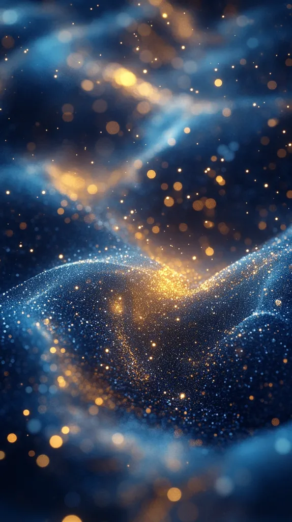 A close-up abstract image of a glittering surface, predominantly blue with scattered golden sparkles. The light is soft and blurred, creating a dreamy and ethereal atmosphere. The image resembles a starry night sky or a shimmering ocean with twinkling lights.