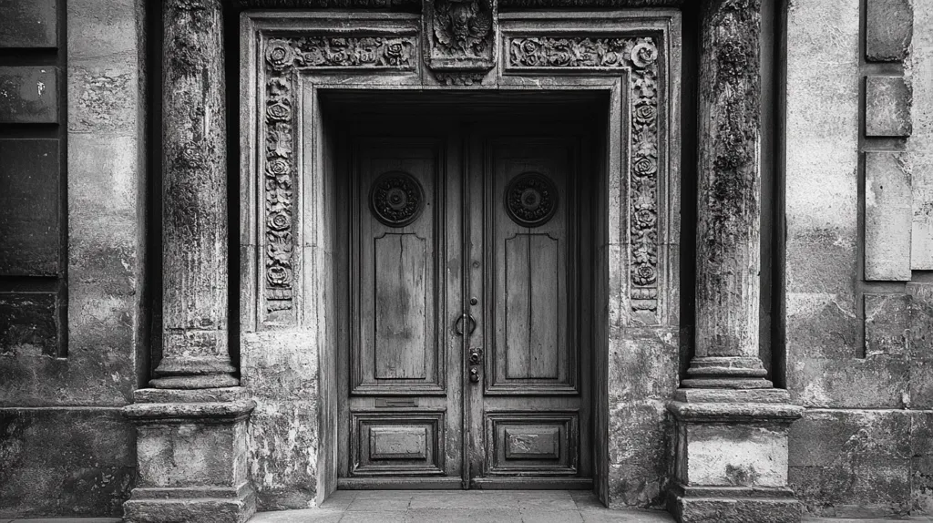 A black and white photograph of a weathered stone doorway. The door is double, made of wood, and features intricate carvings around the top. It is framed by thick stone pillars and ornate stonework. The photo captures a sense of age and history.